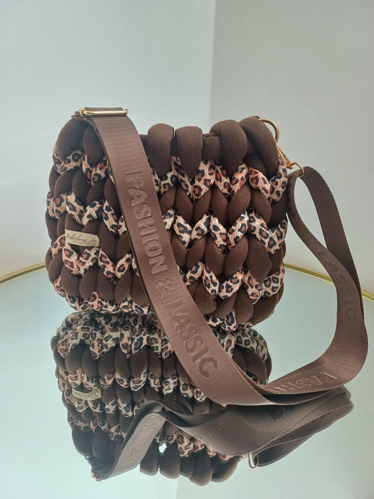 Statement-Tasche - Stoff - Leo/Dunkelbraun - 27x23cm