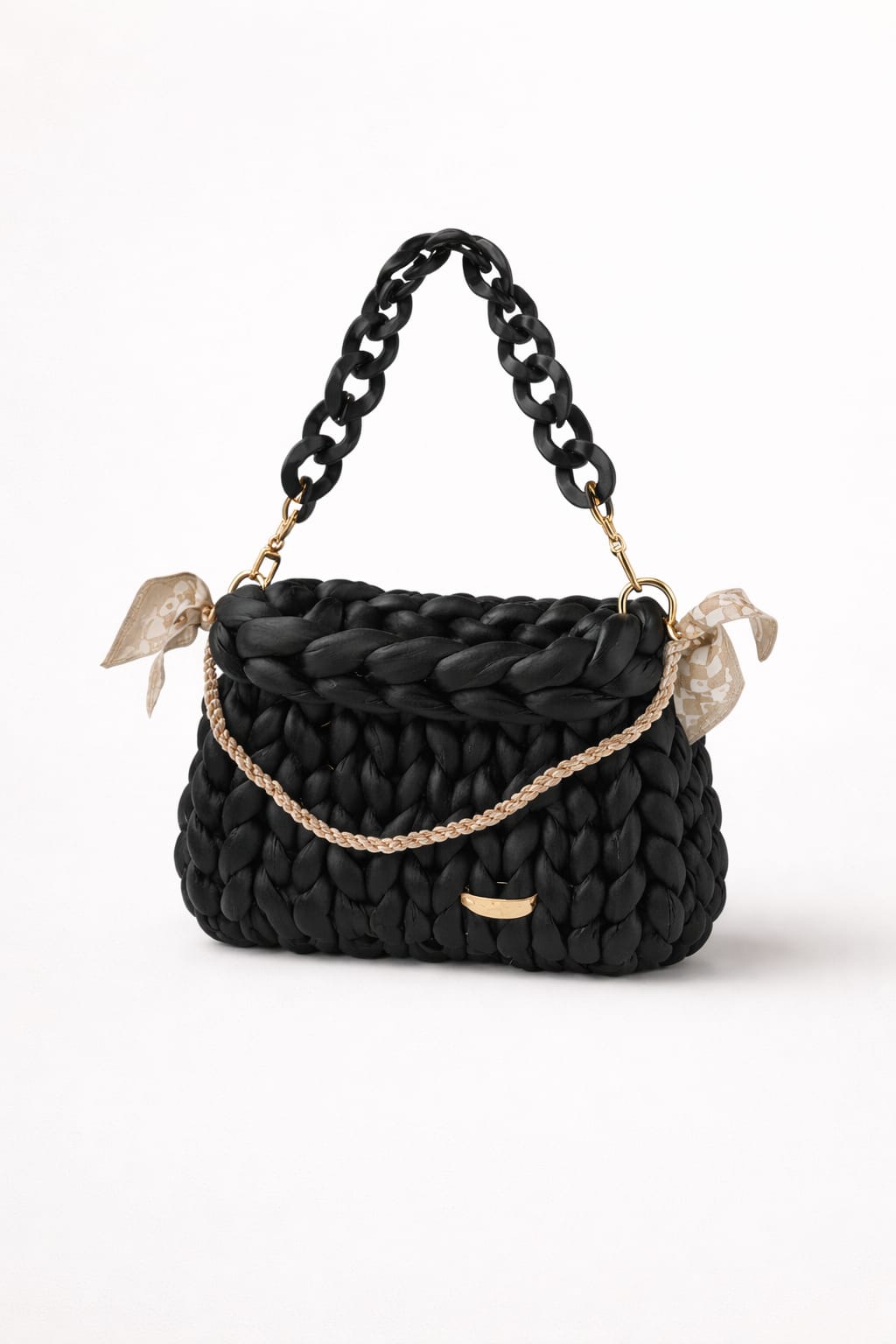 Moderne Tragetasche handgemacht – Chunky Knit Bag - Leder - Schwarz - 28x21cm