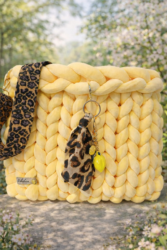 Moderne Shopper-Tasche handgemacht – Chunky Knit Bag - Samt - Gelb - 40x32cm