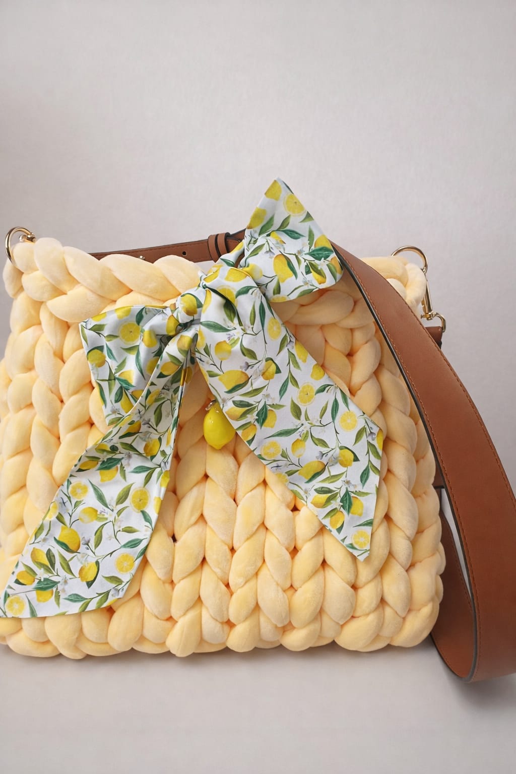 Moderne Shopper-Tasche handgemacht – Chunky Knit Bag - Samt - Gelb - 40x32cm