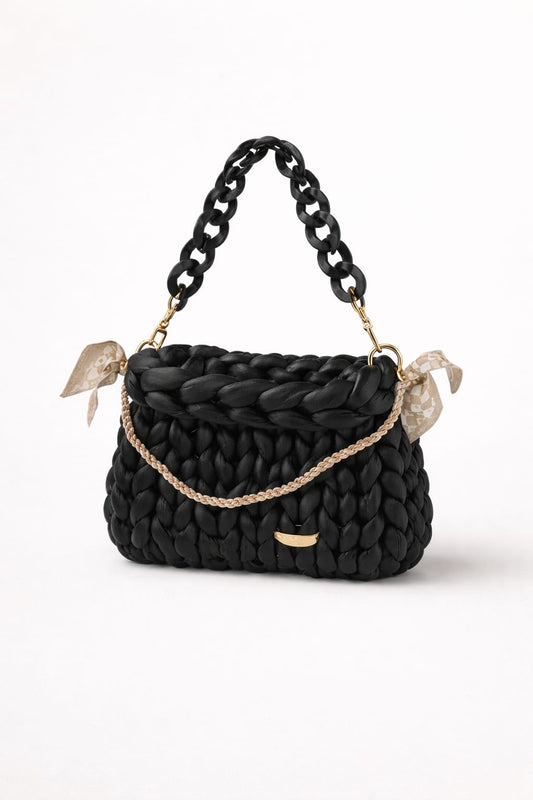 Moderne Tragetasche handgemacht – Chunky Knit Bag  - Leder - Schwarz - 28x21cm