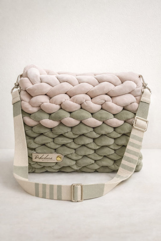 Moderne Umhängetasche handgemacht – Chunky Knit Bag  - Samt - Beige/Grün - 27x31cm