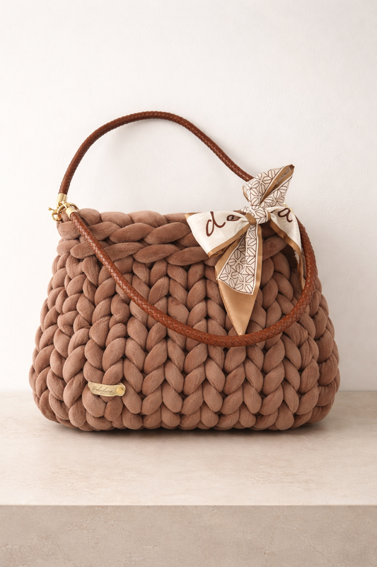 Moderne Shopper-Tasche handgemacht – Chunky Knit Bag  - Samt - Schlamm - 40x32cm
