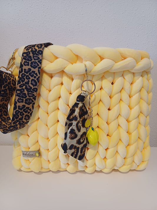 Moderne Shopper-Tasche handgemacht – Chunky Knit Bag  - Samt - Gelb - 40x32cm
