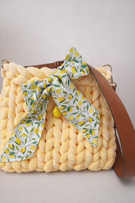 Moderne Shopper-Tasche handgemacht – Chunky Knit Bag  - Samt - Gelb - 40x32cm